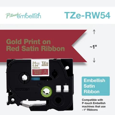 Brother TZe-RW54 embellish satin ribbon cartridge with gold print on red satin