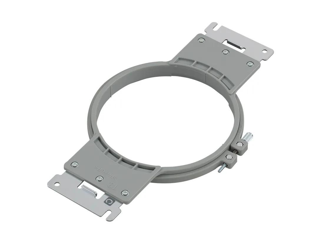 Brother embroidery hoop mounting bracket with gray circular frame and metal clips