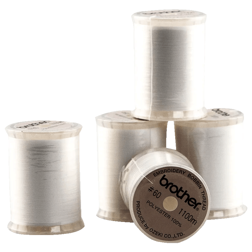Brother embroidery bobbin thread spools in white polyester, 1100m length