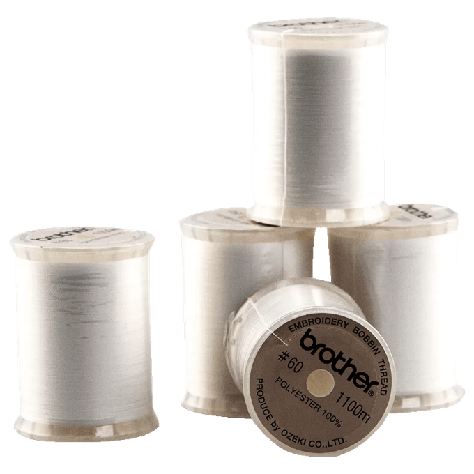 Brother embroidery bobbin thread spools in white polyester, 1100m length