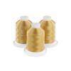 Three golden embroidery thread spools on white bases
