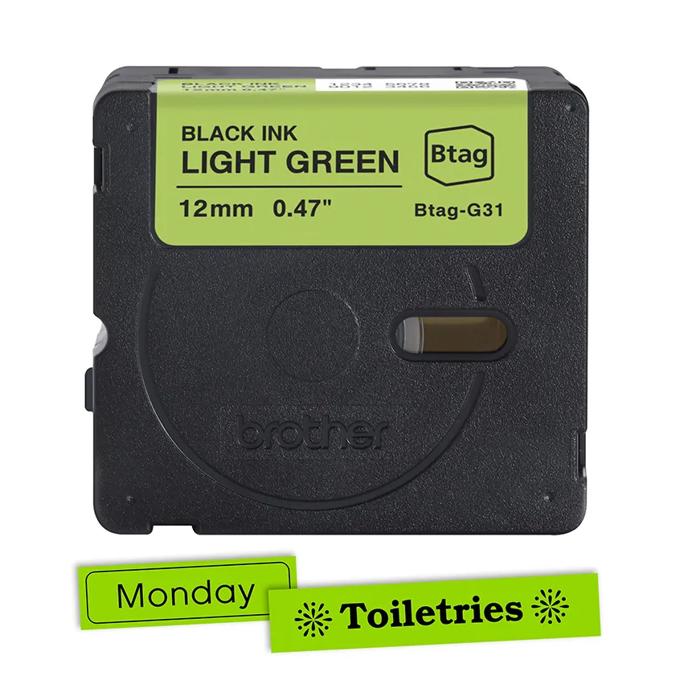 Brother Btag-G31 12mm labeling tape cartridge with black ink on light green background