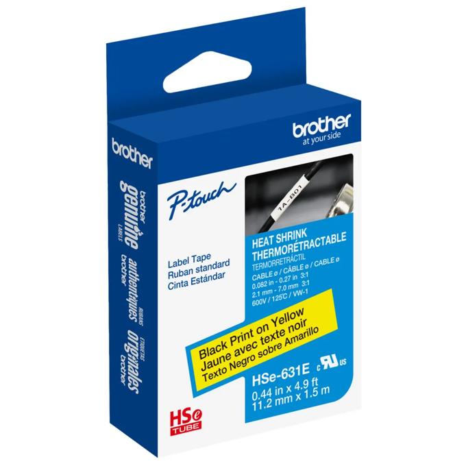 Brother HSe-631E heat-shrink tube label tape, black on yellow, 0.44 inch width