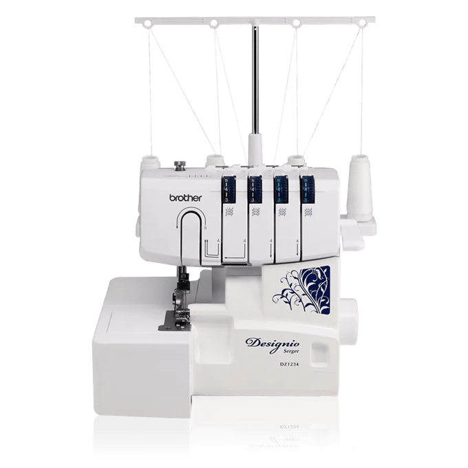 Brother Designio DZ1234 serger with four thread cones and decorative embroidery panel