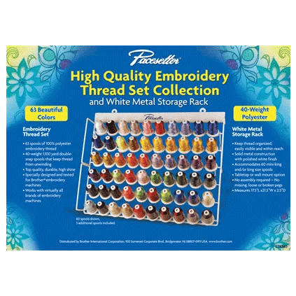 Brother Pacesetter embroidery thread set with 63 colors on white metal storage rack