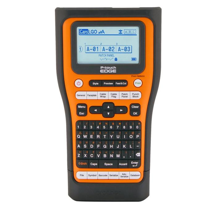 Brother P-touch EDGE handheld label maker with QWERTY keyboard and LCD display