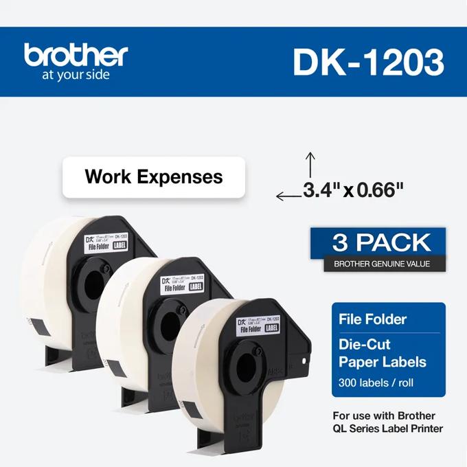 Brother DK-1203 file folder die-cut paper labels, 3-pack for QL series label printers