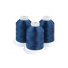 Three blue embroidery thread spools on white bases for sewing and crafting projects