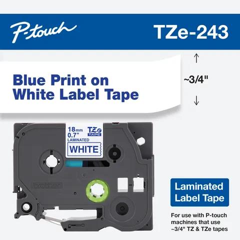 Cartucho de cinta de etiquetas laminadas Brother TZe-243 con texto azul sobre blanco