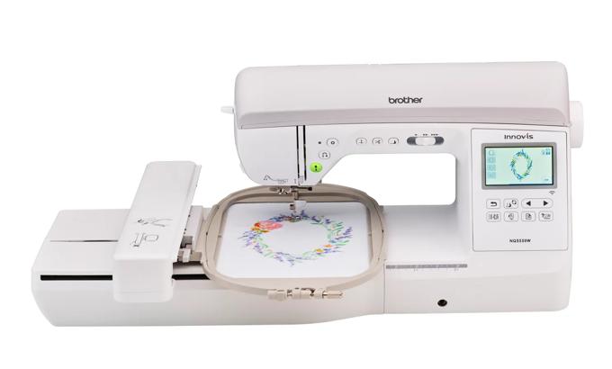 Brother Innov-is NQ3550W sewing and embroidery machine with touchscreen and floral design in hoop