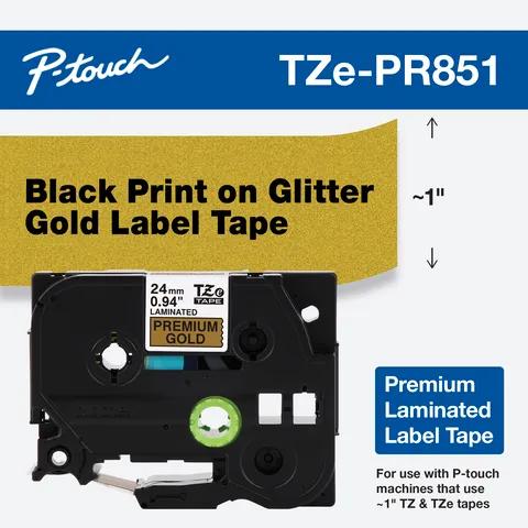 Brother TZe-PR851 premium laminated label tape, black on glitter gold, 1-inch width