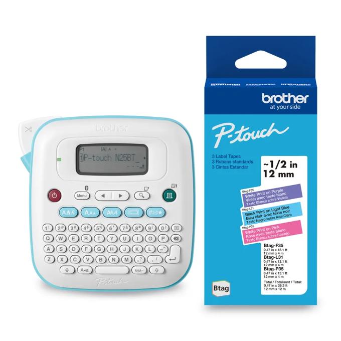 Brother P-touch PT-N25BT Personal Handheld Label Maker + Brother Genuine BTAGF35, BTAGL31, BTAGP35 – 12 mm wide x 4 m long Label Tape, , large