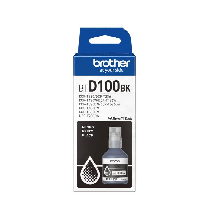 Botella de recarga de tinta negra Brother BTD100BK en empaque