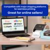 Brother QL-1110NWB wireless label printer printing shipping labels next to laptop