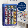 Brother 24-pack embroidery thread spools in jewel-toned colors displayed in packaging