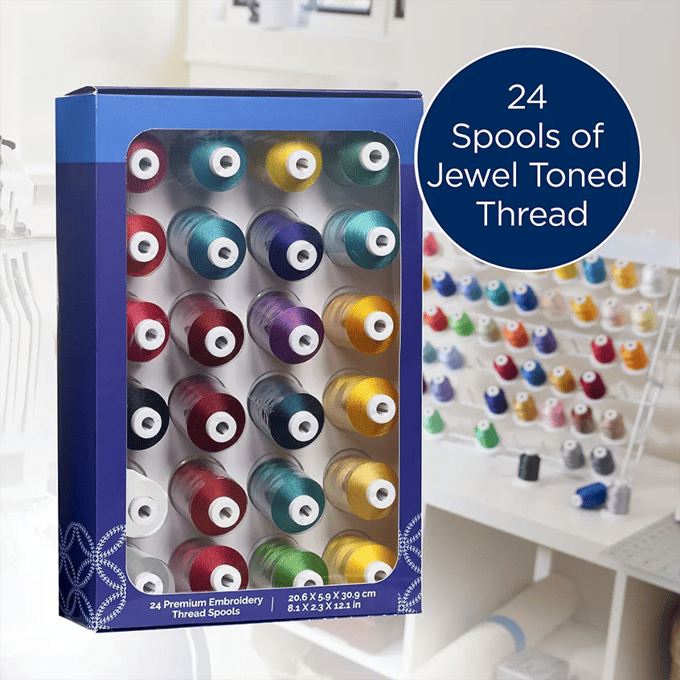Brother 24-pack embroidery thread spools in jewel-toned colors displayed in packaging