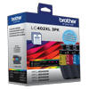 Brother LC402XL 3-pack high-yield color ink cartridges in cyan, magenta, and yellow