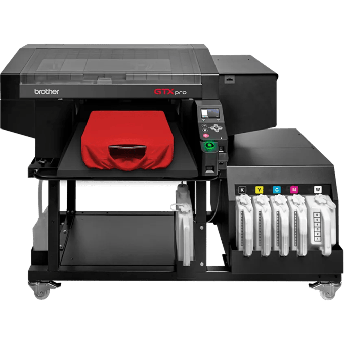 Brother GTX Pro direct-to-garment printer printing red t-shirt with bulk ink system