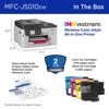 Brother MFC-J5010DW wireless color inkjet all-in-one printer with dimensions and included items