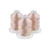 Three peach-colored embroidery thread spools on white bases