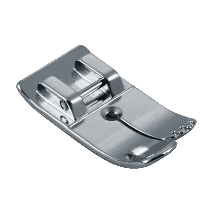 Brother sewing machine presser foot with metal finish on black background
