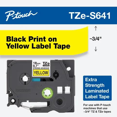 Cartucho de cinta para etiquetas laminada extra resistente Brother TZe-S641 con texto negro sobre amarillo