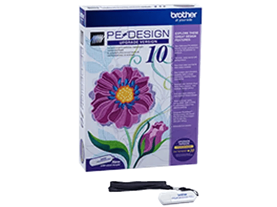 Brother PE-Design 10 embroidery software package with USB device and purple flower design