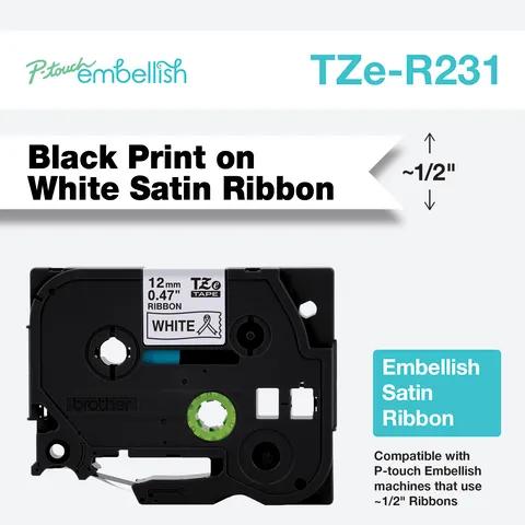 Brother TZe-R231 black on white satin ribbon cartridge for P-touch embellish machines