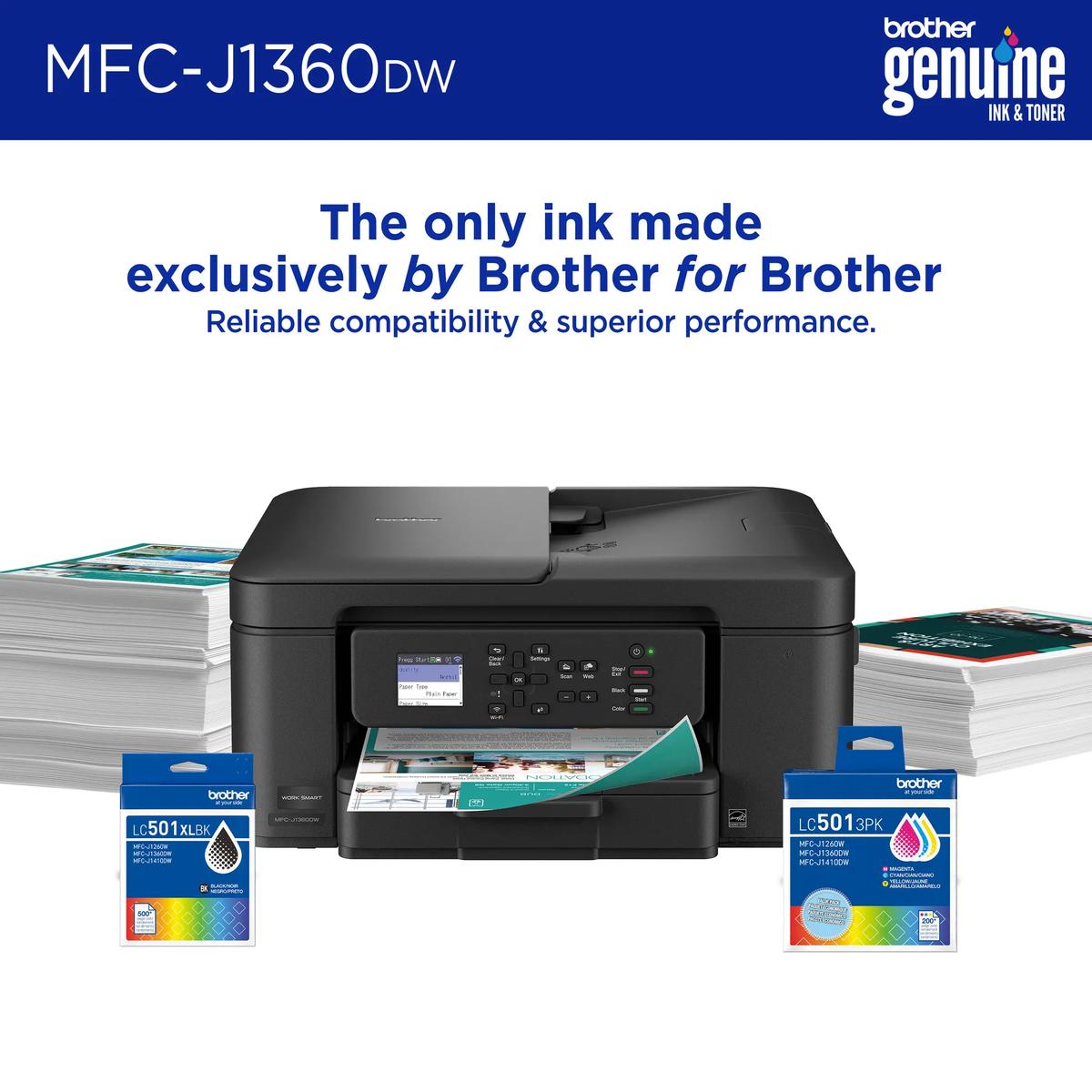 Brother MFC-J1360DW with Brother Genuine LC501 ink cartridges and printed pages