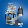 Brother embroidery machine with colorful thread spools and embroidered denim jacket on mannequin